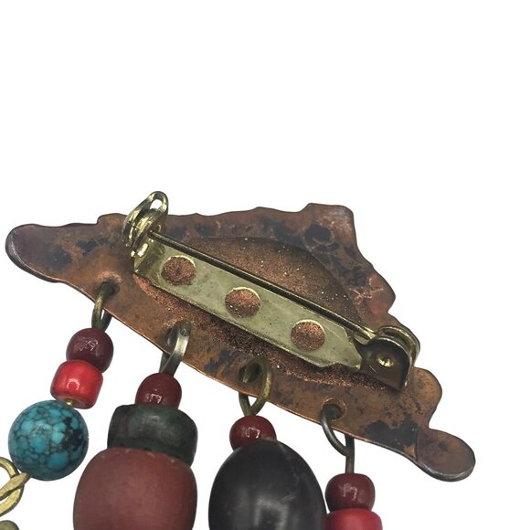 Eclectic Hand Crafted Boho Brooch, Mixed Metals Copper Mountain with Beaded Dang - Picture 4 of 4